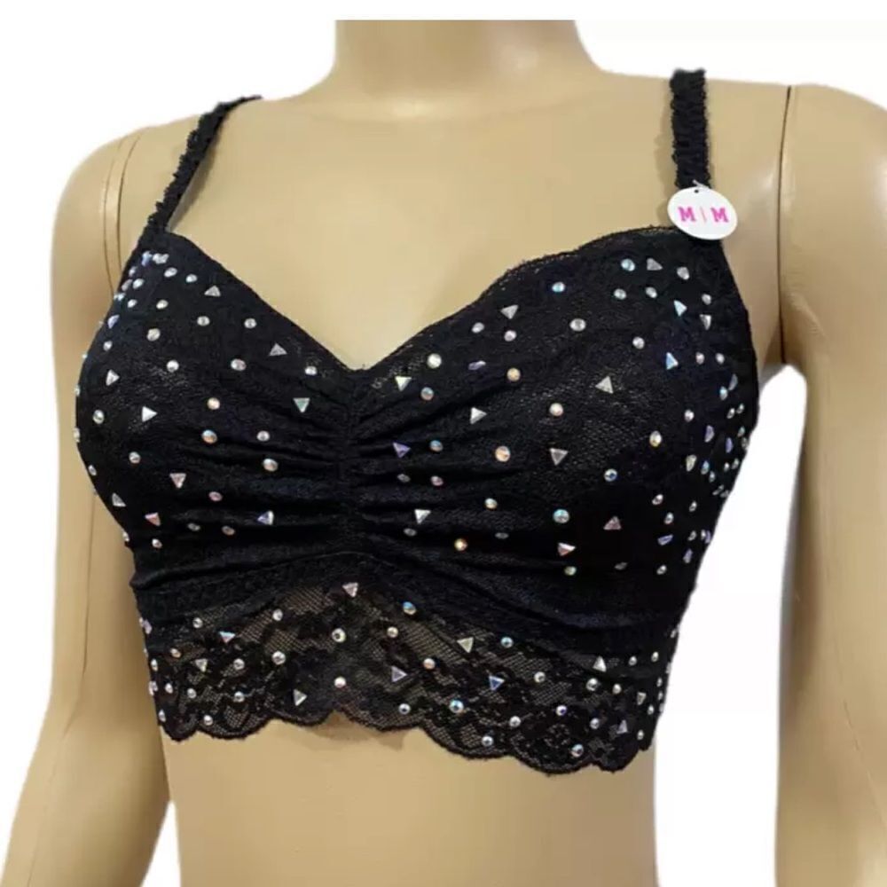 Victorias Secret Pink Bling Stones Ruched Lace Bralette bra black Large